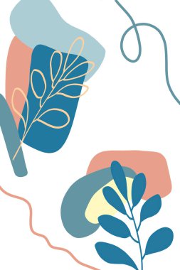 Soyut elementlerin ve pastel renklerde yaprakların olduğu bir poster. Elle çizilmiş çeşitli şekiller ve karalama nesneleri. Modern trend çizimleri.