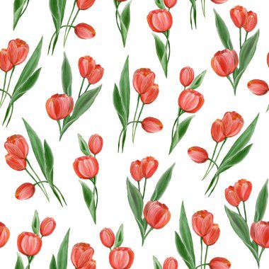 Beyaz arka planda yeşil yapraklı kırmızı laleler. Kusursuz desen. Suluboya parlak gerçekçi el çizimi çiçekler. Kumaş üzerine baskı yapmak için.