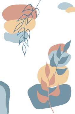 Beyaz arka planda soyut noktalar ve yapraklar. Tozlu mavi ve pembe gözlüklü modern dikey pankart. Minimalist iç tasarım. Düz elle çizilmiş çizimler.