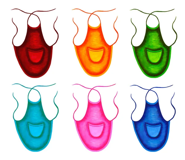 Set di grembiuli da cucina colorati luminosi con tasca isolata su sfondo bianco. Cucinare cibo. Illustrazione ad acquerello. Per la progettazione di caffè, menu, ristoranti — Foto Stock