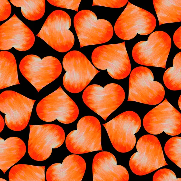 Oranje Heldere Harten Een Zwarte Achtergrond Naadloos Patroon Aquarelillustratie Liefdessymbool — Stockfoto