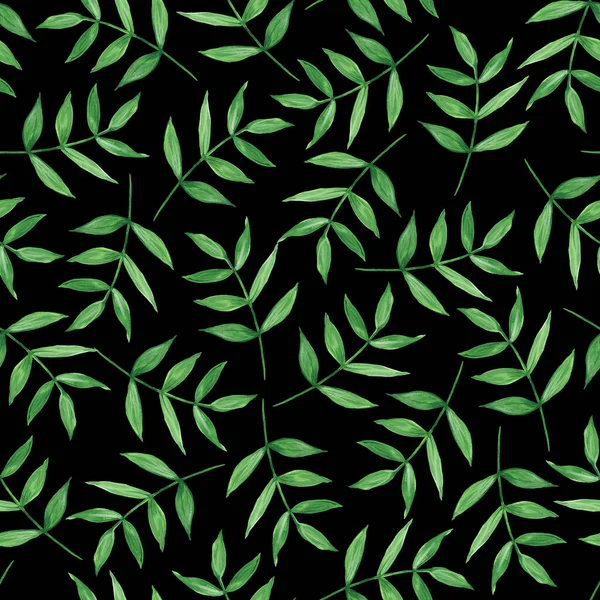 Green leaves on a black background. Seamless pattern. Simple botanical templates. Watercolor illustration. For printing on fabric, packaging design. — Stock Photo, Image