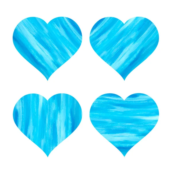 Conjunto de corazones azules aislados sobre un fondo blanco. Símbolos brillantes de amor con rayas abstractas blancas y turquesas. Iconos. Día de San Valentín. Ilustración en acuarela. Para el diseño de tarjetas. —  Fotos de Stock