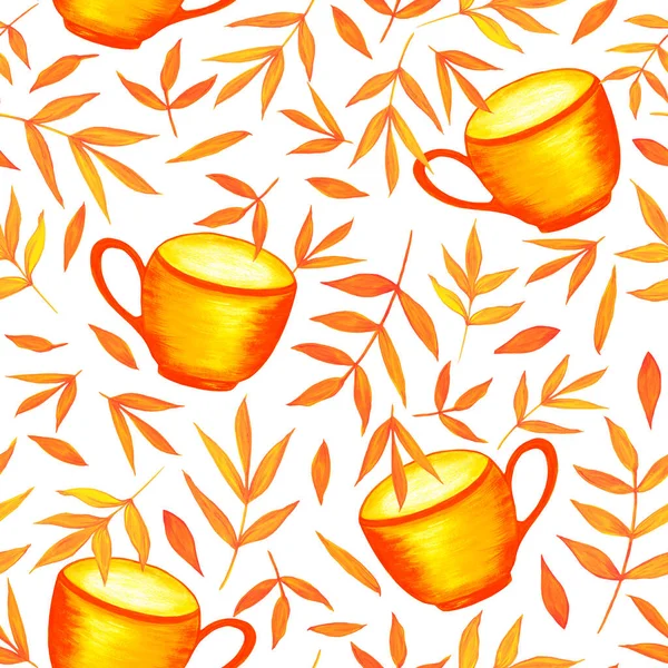 Tazas de color naranja brillante y hojas sobre un fondo blanco. Patrón sin costuras. Ilustración en acuarela. Fondo de otoño colorido. Para imprimir en tela, diseño de tarjetas, embalaje. — Foto de Stock