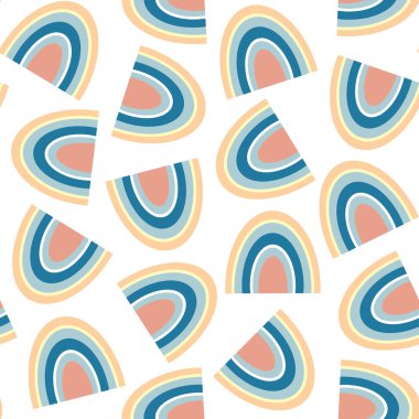 İskandinav tarzında soyut minimalist gökkuşağı. Kusursuz desenler. Sessiz pastel renklerde çocukça bir model. Elle çizilmiş illüstrasyon. Tekstil, ambalaj ve ambalaj için tasarım