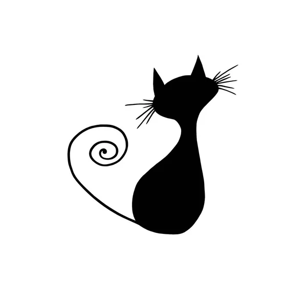 Black cat sitting with a curled tail isolated on a white background. Doodle style. Hand drawn illustration. Icon. Pets. Veterinary medicine. — Stock Photo, Image