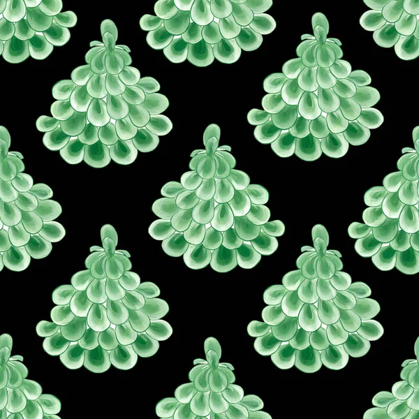 Árboles de Navidad verdes sobre un fondo negro. Patrón sin costuras. Ilustración en acuarela. Ecología. Naturaleza. Impresión brillante de Año Nuevo. Para imprimir en textiles, diseño de tarjetas postales, embalaje. —  Fotos de Stock