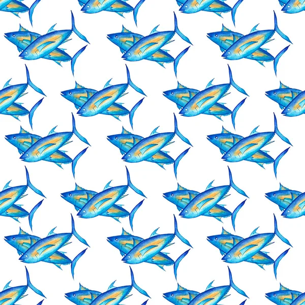 Blauwvintonijn op een witte achtergrond. Naadloos patroon. Aquarelillustratie. Zeevruchten. Omega 3. Voor het bedrukken op textiel, menuontwerp, verpakking. — Stockfoto