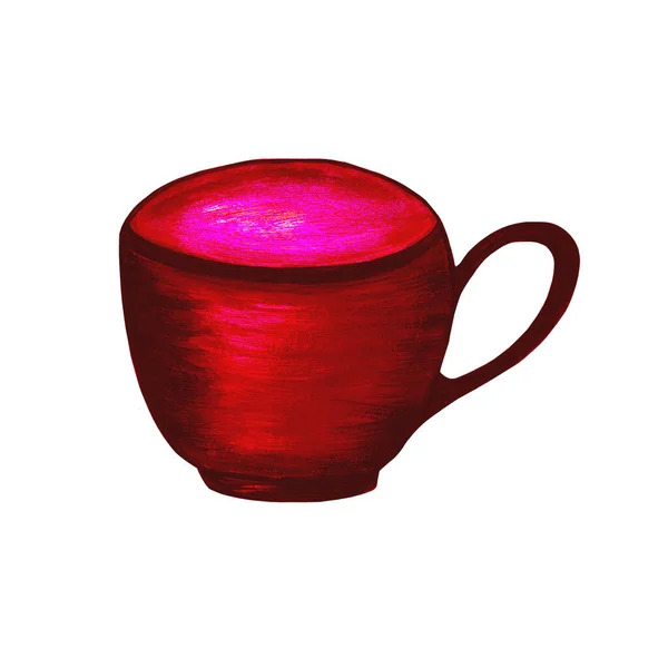 白い背景に赤いティーカップ。アイコン。明るい水彩イラスト。メニュー、カフェ、レストラン、招待状のデザインのために. — ストック写真