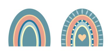 Soyut minimalist gökkuşağı seti modern boho tarzı. Bebek odası dekorasyonu için elle çizilmiş. Poster, kart, duvar kağıdı, tekstil, ambalaj tasarımı için.