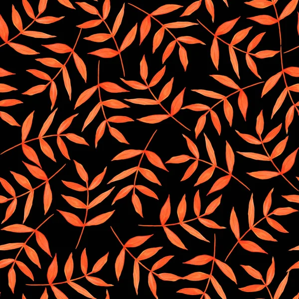 Nahtloses Muster Mit Leuchtend Orangen Blättern Auf Schwarzem Hintergrund Aquarell — Stockfoto