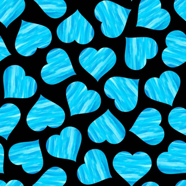 Corazones Azules Brillantes Sobre Fondo Negro Patrón Sin Costuras Ilustración —  Fotos de Stock