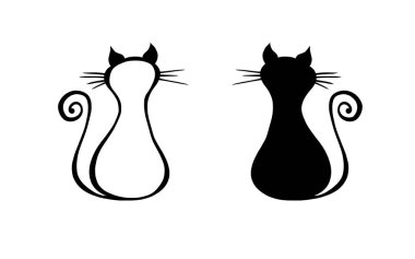 Beyaz arka planda izole edilmiş siyah ve beyaz kedi siluetleri. Kıvrık kuyruklu şirin kediler. Evcil hayvan dükkanı, veteriner kliniği, evcil hayvan oteli ikonları..