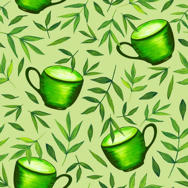 緑の葉とティーカップ シームレスなパターン 水彩イラスト メニューデザインは生地にプリント — ストック写真