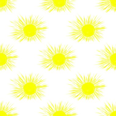 Beyaz arka planda sarı güneşli pürüzsüz desen. El çizimi suluboya çizimi. Kumaş ve tasarım üzerine baskı yapmak için.