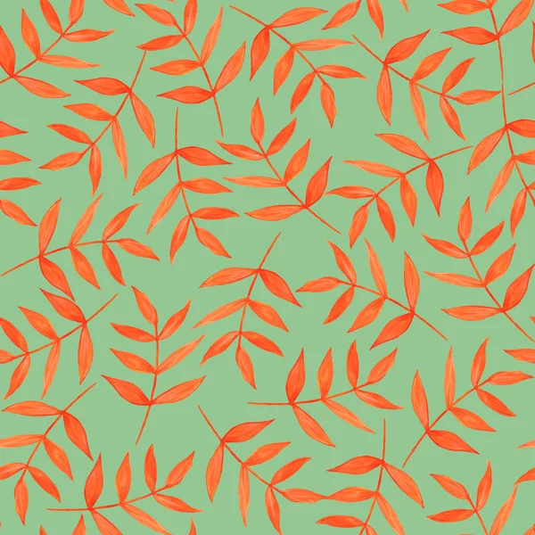 Herbstliche Orangefarbene Blätter Auf Grünem Hintergrund Nahtloses Muster Aquarell Zweige — Stockfoto