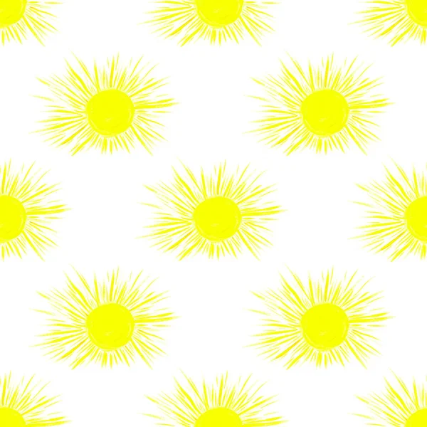 Seamless Pattern Yellow Suns White Background Hand Drawn Watercolor Illustration — Stock Photo, Image