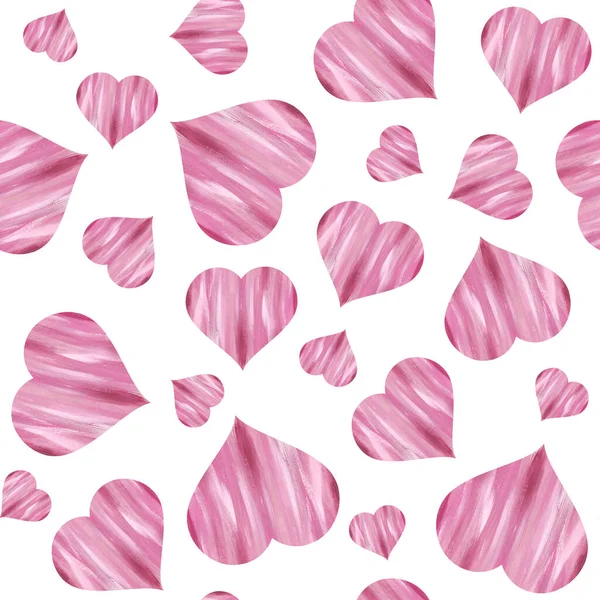 Pink Hearts Abstract Stripes White Background Seamless Pattern Watercolor Illustration — Stock Photo, Image