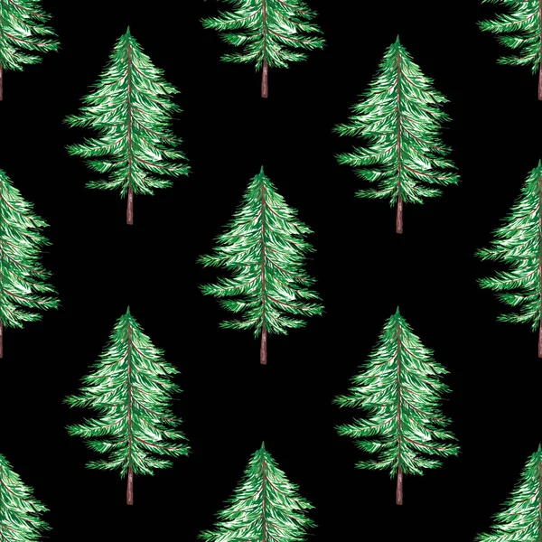 黒い背景に緑のクリスマスツリー 木のあるシームレスな背景 自然の要素と水彩イラスト 生態学園芸学 ギフト包装のデザインのために 生地に印刷 — ストック写真