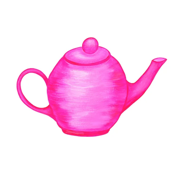 Chaleira de chá de porcelana rosa brilhante isolado no fundo branco. Ícone. Ilustração aquarela. Pequeno-almoço, hora do chá. Para design de menu. — Fotografia de Stock