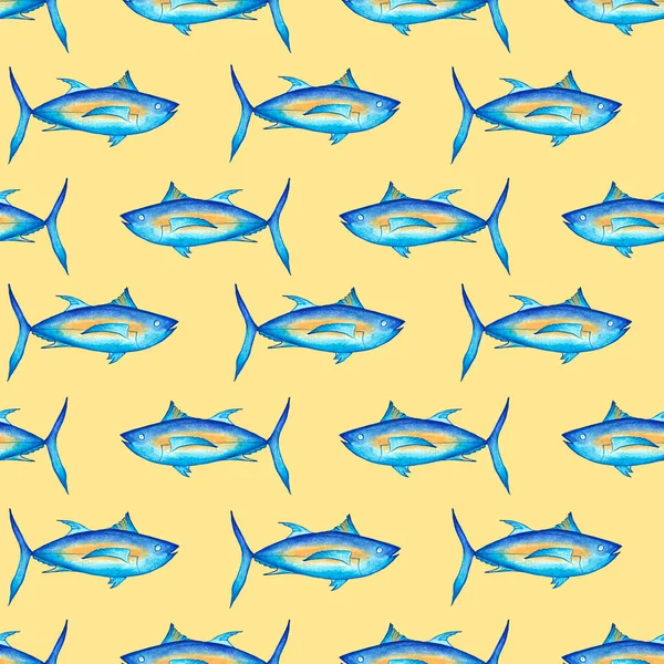 Pescado atún azul sobre fondo amarillo. Patrón sin costuras. Pesca de mariscos. Ilustración en acuarela. Para imprimir en tela, diseño de menú. —  Fotos de Stock