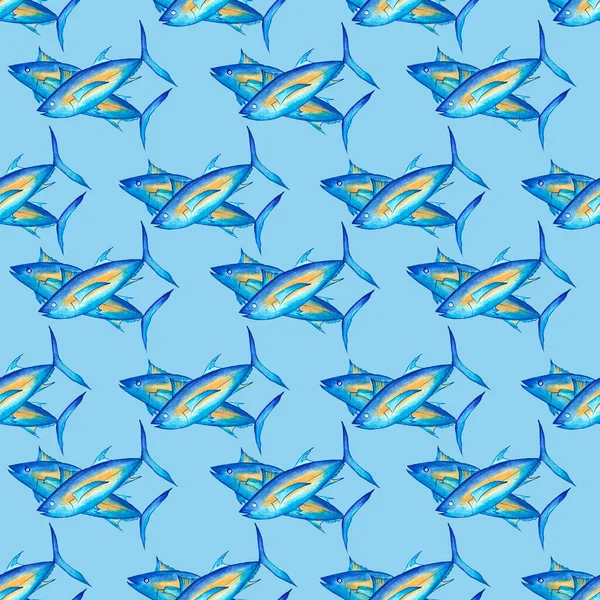 Blåfenad tonfisk sömlös mönster med bakgrund. Ljusa havsfiskar. Akvarell illustration. För utskrift på tyg, menydesign på café, restaurang. — Stockfoto