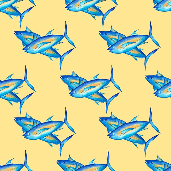 黄底蓝鱼 图娜无缝图案 水彩画 纺织品 包装的背景 — 图库照片