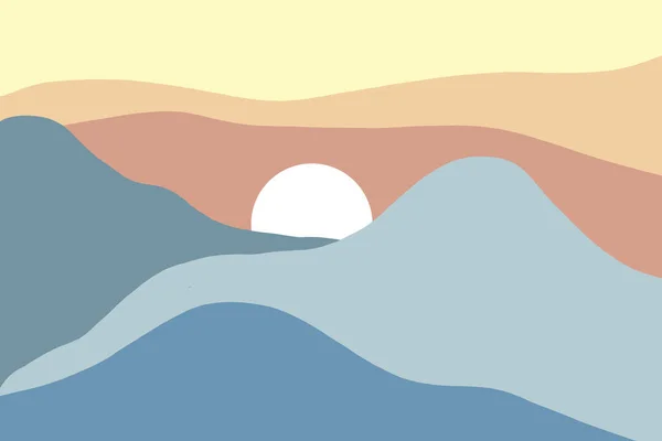 Abstraktní horská krajina s modrými horami a sluncem. Minimalistický styl. Pro design interiéru. Ilustrace. Plakát. Pohlednice. — Stock fotografie