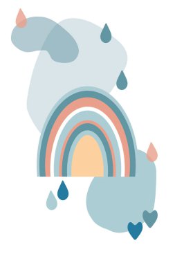 Soyut bulutları ve beyaz arka planda yağmur damlaları olan Boho gökkuşağı. Pastel mavisi renklerle çizilmiş basit bir el çizimi. İskandinav tarzı. Çocuk odası için iç poster. Kartpostal yapmak için.