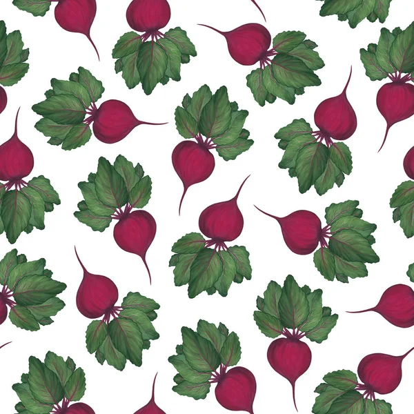 Beetroot with green leaves on a white background. Seamless patterns with vegetables. Harvest. Vegetarianism. Bright floral pattern for textiles. Watercolor illustration. — Fotografia de Stock