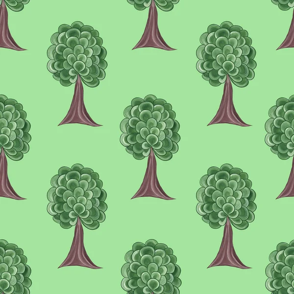 Açık yeşil arka planda zarif yeşil ağaçlar. Suluboya çizimi. Çizgi film tarzı. Duvar kağıdı tasarımı, kumaş ve ambalaj üzerine baskı. — Stok fotoğraf
