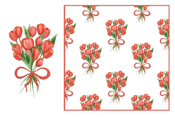 Set - boeket met strik van rode tulpen en naadloos patroon in handtekenstijl. Aquarelillustratie. Voor het ontwerpen van wenskaarten, textiel, verpakkingen. — Stockfoto