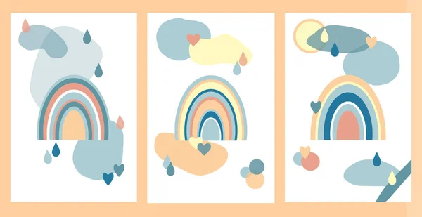 Uppsättning affischer med boho regnbågar på en bakgrund av abstrakta färgfläckar, moln och regndroppar. Modern inredning för inredning i minimalistisk skandinavisk stil. — Stockfoto