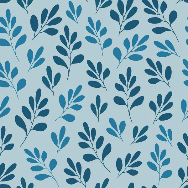 Απρόσκοπτη μοτίβο με μπλε φύλλα και απλά κλαδιά σε γαλάζιο φόντο. Διακοσμητικές φυτικές μορφές. Για εκτύπωση υφασμάτων, συσκευασία δώρου, ταπετσαρία. — Φωτογραφία Αρχείου