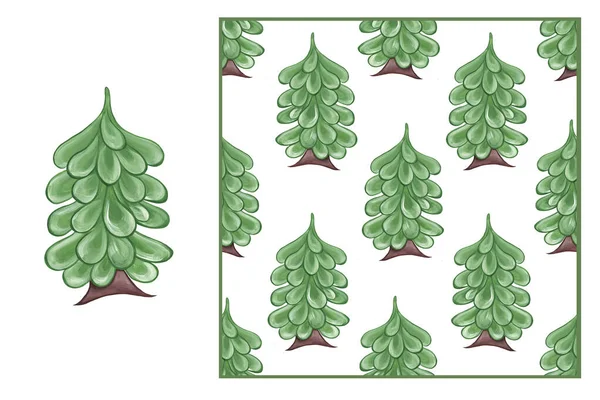 Комплект - Зеленый значок елки на белом фоне и бесшовный узор. Акварель ручной работы дерево в стиле мультфильма. Экология. Рождество. Для оформления открыток, яичек, упаковки. — стоковое фото