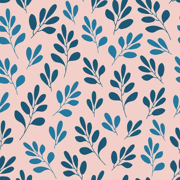 Abstract Blue Leaves Branches Delicate Pink Background Floristic Seamless Pattern — Φωτογραφία Αρχείου