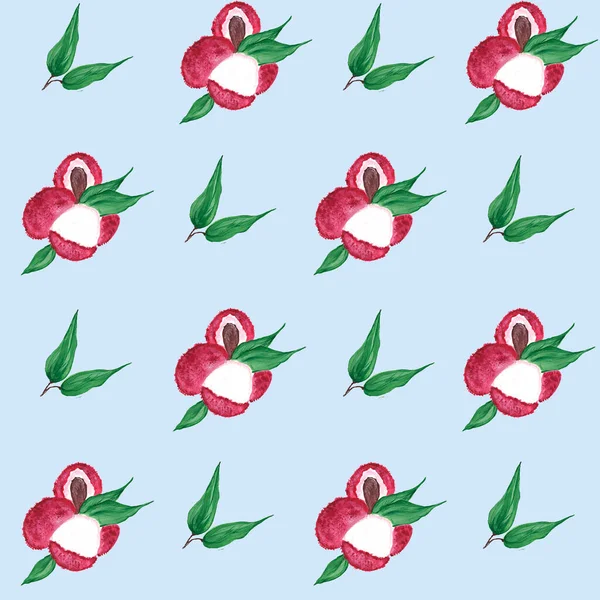 Lychee rosa brilhante frutos maduros e folhas em um fundo azul. Padrão sem costura. Ilustração aquarela. Frutas frescas. Para design de menu, embalagem, têxteis. — Fotografia de Stock