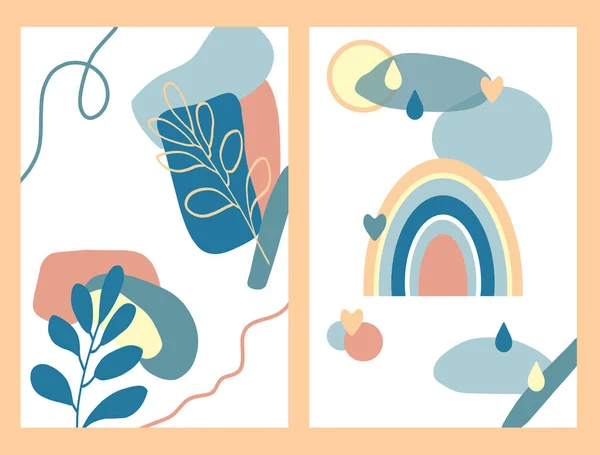Набор плакатов с абстрактной радугой и листьями. Минималистское настенное искусство бохо. Приглушенные голубые бежевые оттенки. Для оформления интерьера, обои для социальных сетей. — стоковое фото