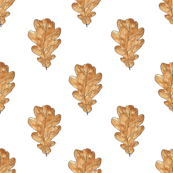 Foglie marrone quercia su uno sfondo bianco foglie, modello senza cuciture. Caduta delle foglie, sfondo della stagione autunnale. Illustrazione ad acquerello. Per i tessili, imballaggio. — Foto Stock