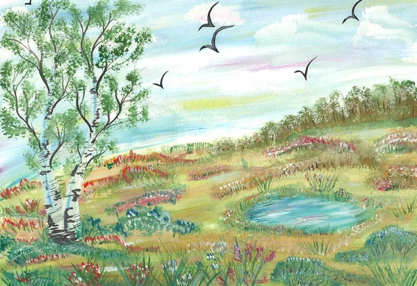 Bříza na pozadí lesa a kvetoucí louka s jezerem. Realistická letní venkovská krajina. Ručně kreslený akvarel ilustrace. — Stock fotografie