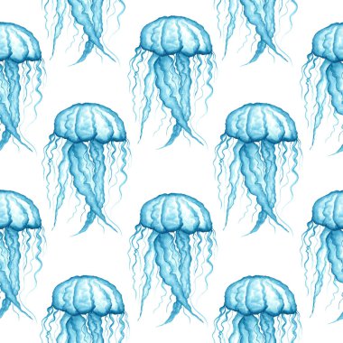 Beyaz arka planda şeffaf açık mavi denizanası. Deniz hayatı. Kusursuz desen. Suluboya çizimi. Deniz altı dünyası. Kumaş üzerine baskı yapmak için.