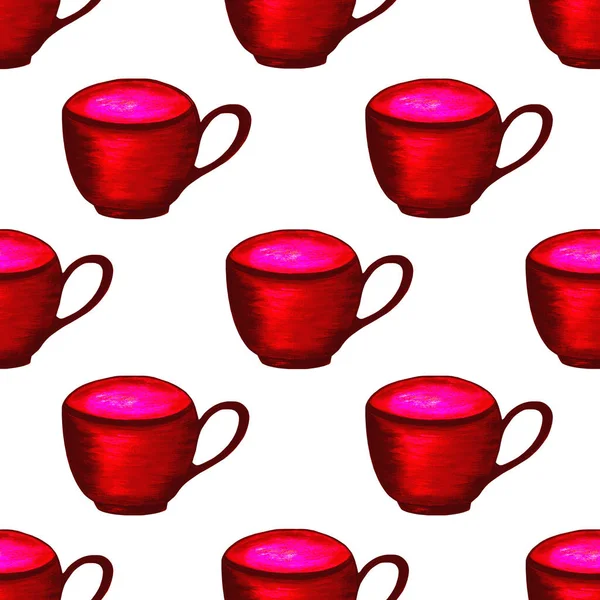 Κόκκινα Φλιτζάνια Λευκό Φόντο Απρόσκοπτο Μοτίβο Πρωινό Εικονογράφηση Υδατογραφίας Για — Φωτογραφία Αρχείου