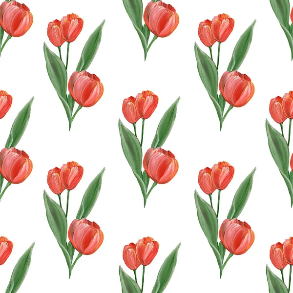 Rote Tulpen Mit Grünen Blättern Auf Weißem Hintergrund Nahtloses Muster — Stockfoto