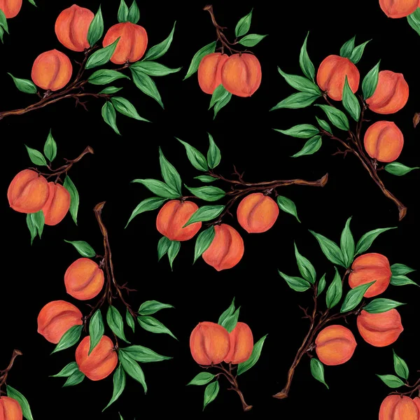 黒を基調とした緑の葉を持つ枝に桃の実 収穫だ 水彩シームレスパターン テキスタイルプリント パッケージ用 — ストック写真