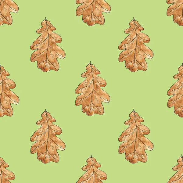 秋のブラウンオークとのシームレスなパターンは 緑の背景に残します 葉が落ちる 水彩イラスト シームレスなパターン 生地に印刷するためのパッケージデザイン — ストック写真