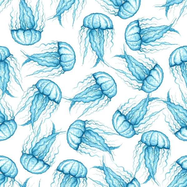 Hellblaue Transparente Quallen Auf Weißem Hintergrund Nahtloses Muster Aquarell Illustration — Stockfoto