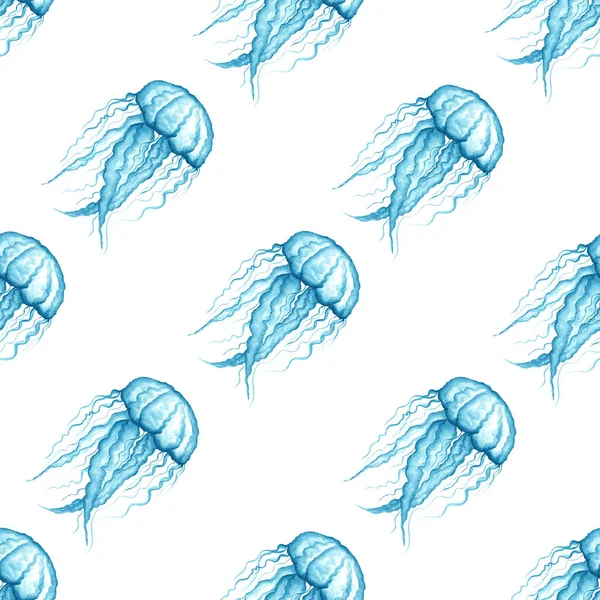 Seamless pattern with blue jellyfish on a white background. Watercolor illustration. Undersea world. For textiles, packaging.