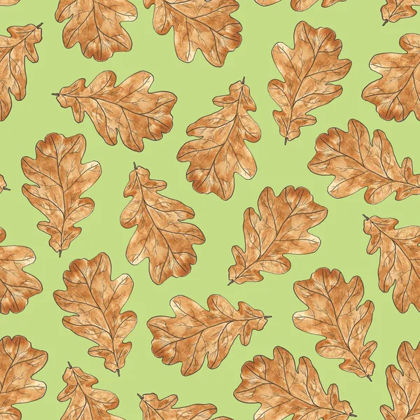Brown Oak Oak Leaves Gentle Green Background Seamless Autumn Pattern — Stockfoto