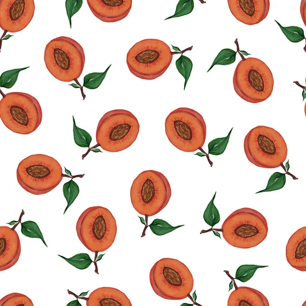 Halved Peaches Pits Leaves White Background Seamless Pattern Watercolor Illustration — Fotografia de Stock