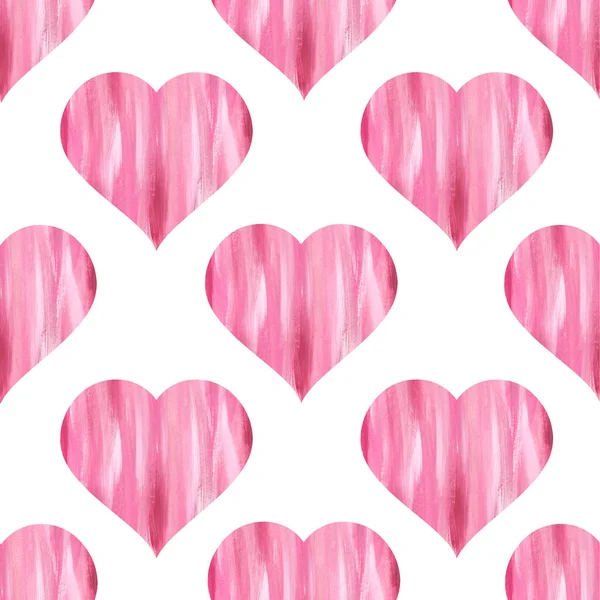 Pink Hearts White Background Filled Abstract Stripes Watercolor Illustration Seamless — Fotografia de Stock